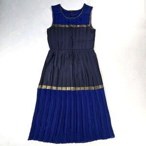 BCBGMAXAZRIA XXS Blue Black Gold Pleated Colorblock Midi Sleeveless Dress